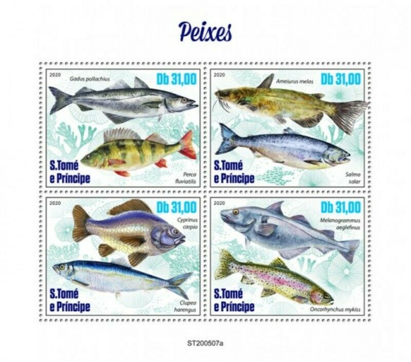 St Thomas - 2020 Fische,pollack,europäische Barsch - 4 Stempel Blatt - St200507a